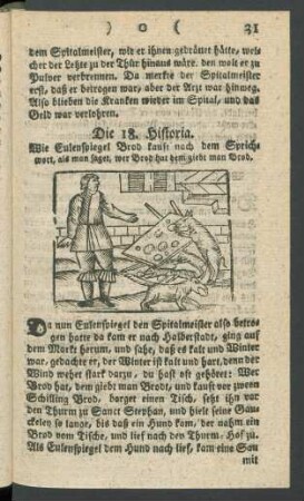 Die 18. Historia. Wie Eulenspiegel Brod kauft nach dem Sprichwort, als man saget, wer Brod hat dem giebt man Brod