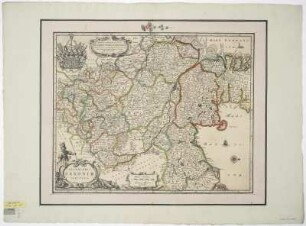 Karte vom Niedersächsischen Reichskreis, 1:1 000 000, Kupferstich, um 1650 : Inferioris Saxoniae Circvlvs : Serenißimo, Celsißimo Principi ac Domino, D. Christiano Ludovico, Brunsvicensium et Lunaeburgensium Duci, &c. Circuli Inferioris Saxoniae Capitaneo Generali Tabulam hanc D.D.D. J. Blaeu / Joannes Blaeu excudebat. - [Ca. 1:1 000 000]. - [Amsterdam] : Blaeu , [um 1650]. - 1 Kt. : Color. Kupferstich ; 51 x 40 cm. Herzog Christian Ludwig von Braunschweig- Lüneburg gewidmet. - Titelkartusche unten links. - Maßstabsangabe in graph. Form (Milliaria Germanica). - W oben