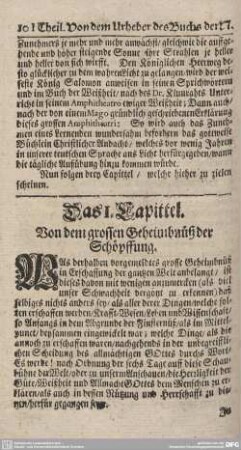 Das 1. Capitel. Von dem grossen Geheimnüß der Schöpffung.