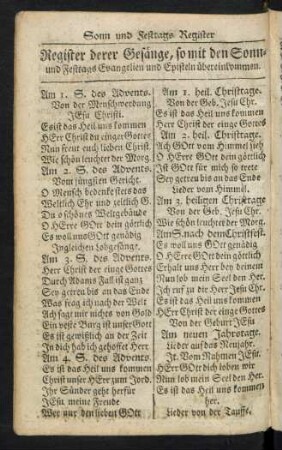 Register derer Gesänge, so mit den Sonn- und Festtags Evangelien und Episteln übereinkommen