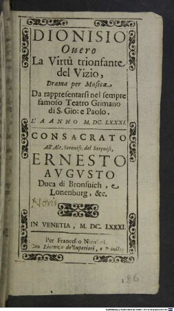 Dionisio overo la virtù trionfante del vizio