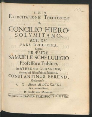 Exercitationis Theologicae De Concilio Hierosolymitano, Act. XV. Pars Duodecima