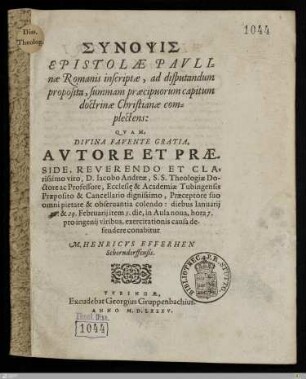 Synopsis Epistolae Pavlinae Romanis inscriptae ...