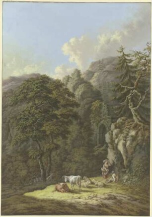 Waldige Berglandschaft mit einem alten Tor und einer Viehherde in einer Lichtung