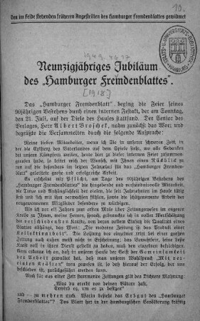 Neunzigjähriges Juliläum des "Hamburger Fremdenblattes"