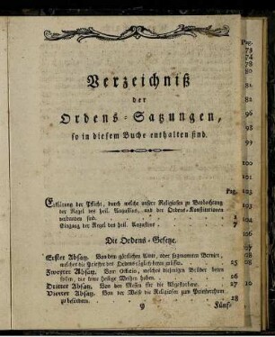 Verzeichniß der Ordens-Satzungen, so in diesem Buche enthalten sind.