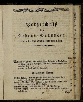 Verzeichniß der Ordens-Satzungen, so in diesem Buche enthalten sind.