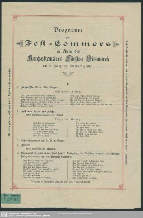 Programm zum Fest-Commers zu Ehren des Reichskanzlers Fürsten Bismarck