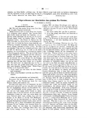 Präparationen zur Geschichte des grossen Kurfürsten