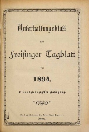 Freisinger Tagblatt. Unterhaltungsblatt zum Freisinger Tagblatt. [90, a] = 21. 1894