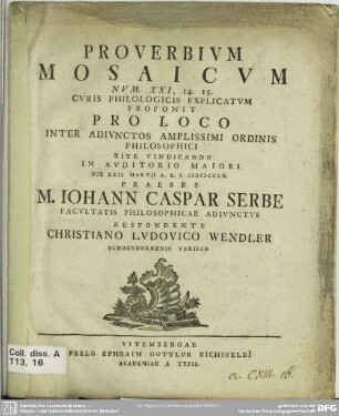 Proverbium Mosaicum Num. XXI,14.15. Curis Philologicis Explicatum