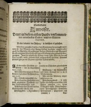 Sonderbarer Anweiser. Derer in diesem ersten Bande vorkommenden vornehmsten Sachen, nach den Blättern eingerichtet.
