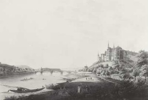 Westliche Ansicht des Schlosses zu Meißen von der Leipziger Straße an der Elbe