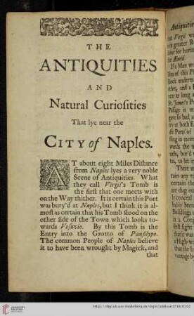 The Antiquities and Natural Curiosities that lye near the City of Naples