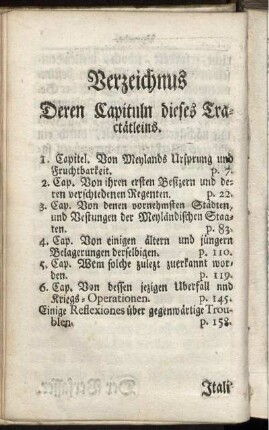 Verzeichnuß Deren Capituln dieses Tractätleins.