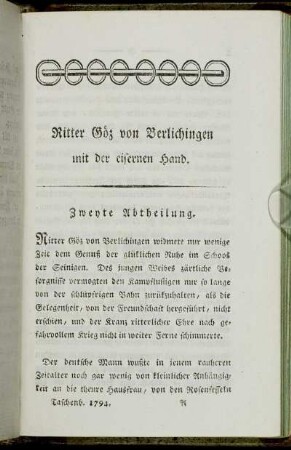Ritter Göz von Berlichingen mit der eisernen Hand. Zweyte Abtheilung.
