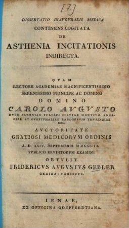 Dissertatio inauguralis medica continens cogitata de asthenia incitationis indirecta