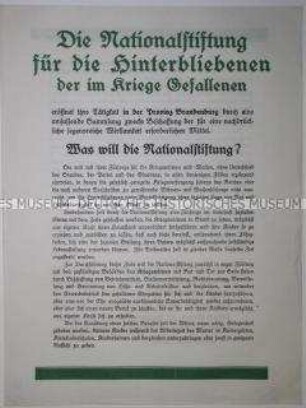 Werbeflugblatt der Nationalstiftung für die Hinterbliebenen der im Kriege Gefallenen