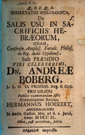 Diss. philol. de salis usu in sacrificiis Hebraeorum