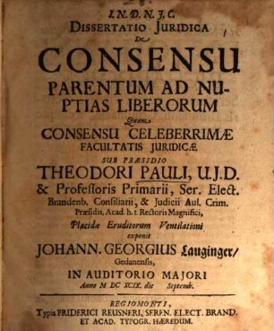 Diss. iur. de consensu parentum ad nuptias liberorum