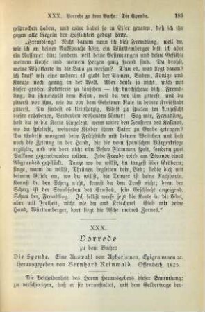 XXX. Vorrede zu dem Buche: Die Spende. Eine Auswahl von Aphorismen, Epigrammen [etc.] herausgegeben von Bernhard Reinwald. Offenbach, 1823