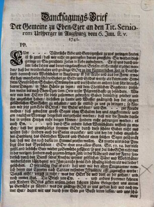 Dancksagungs-Brief Der Gemeine zu Eben-Ezer an den Tit. Seniorem Urlsperger in Augspurg vom 6. Jun. st. v. 1741