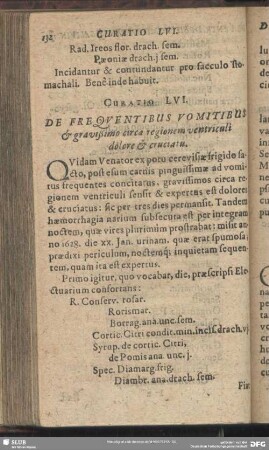 Curatio LVI. [Curatio LVIII.] De Frequentibus Vomitibus et gravißimo circa regionem ventriculi dolore et cruciatu