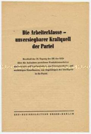 Beschluss der 28. ZK-Tagung der SED über Aufnahme von Arbeitern, Bauern und Bürgern mit Studienabschluss in die Partei