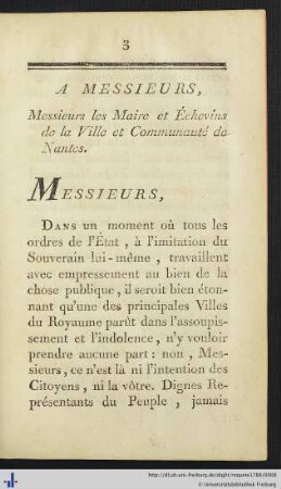 A Messieurs, Messieurs les Maire et Echevins de la Ville et Communauté de Nantes.