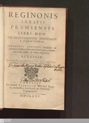 Reginonis Abbatis Prumiensis Libri Duo De Ecclesiasticis Disciplinis & religione Christiana
