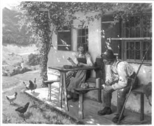 Senner und Näherin in Gebirgslandschaft vor Bauernhaus sitzend