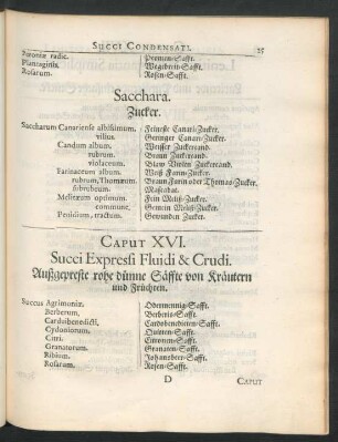 Caput XVI. Succi Expressi Fluidi & Crudi. Außgepreste rohe dünne Säffte von Kräutern und Früchten.