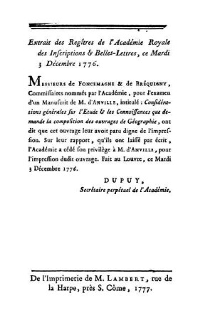 Extrait des Regîtres de l'Académie Royale des Inscriptions & Belles-Lettres, ce Mardi 3 Décembre 1776.