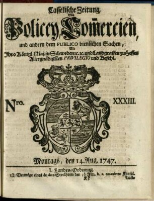 Nro. XXXIII, Montags, den 14. Aug. 1747