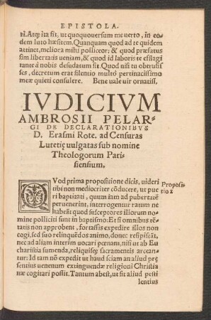 Iudicium Ambrosii Pelargi De Declarationibus D. Erasmi Rote. ad Censuras Lutetiae vulgatas sub nomine Theologorum Parisiensium.
