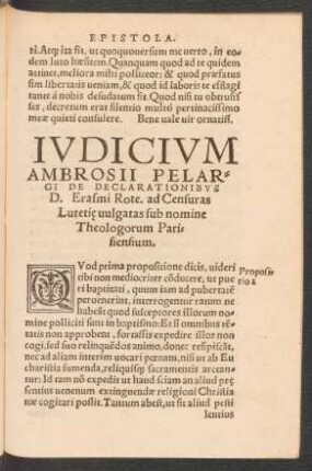 Iudicium Ambrosii Pelargi De Declarationibus D. Erasmi Rote. ad Censuras Lutetiae vulgatas sub nomine Theologorum Parisiensium.