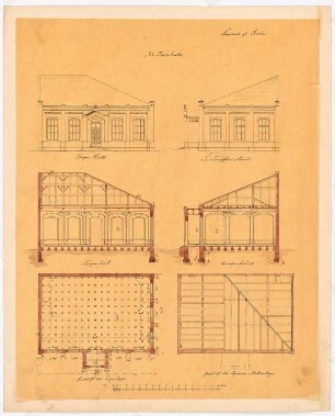 Lehrerseminar Fidicinstraße, Berlin-Kreuzberg: Turnhalle: Grundriss EG, Balkenlage, Aufriss, Aufriss Seitenfassade, Längsschnitt, Querschnitt