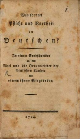 Was fordert Pflicht und Vortheil der Deutschen?
