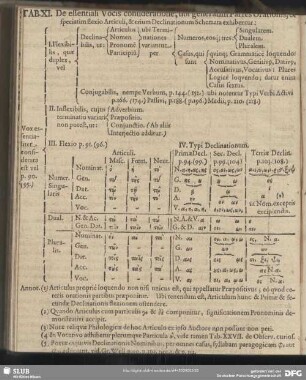Tab. XI. De essentiali Vocis consideration, ubi generatim Partes Orationis, & speciatim flexio Articuli, & Declinationum Schemata exhibentur