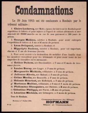 "Condamnations" (Bekanntmachung der Verurteilung Einheimischer durch das Militärgericht) (No. 121)