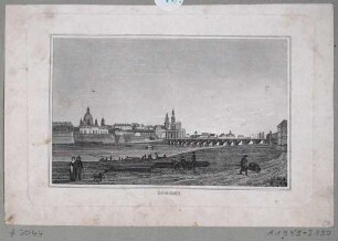 Stadtansicht von Dresden, Blick von Nordosten vom Neustädter Elbufer über die Elbe auf Augustusbrücke und Altstadt