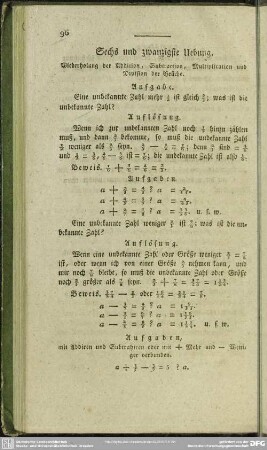 Sechs und zwanzigste Uebung. Wiederholung der Addition, Subtraction, Multiplication und Division der Brüche