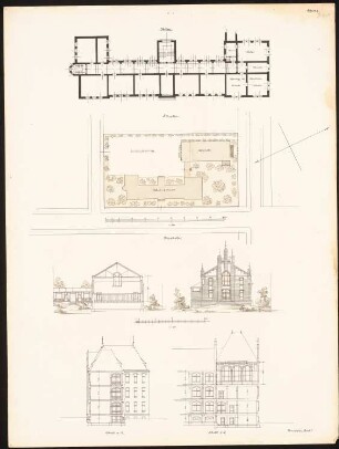 Realschule, Allenstein: Lageplan 1:500, Grundriss KG, Ansichten, Schnitte 1:200