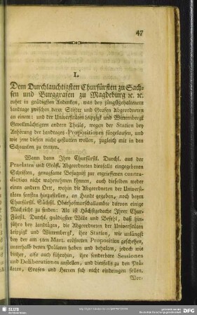 I. Dem Durchlauchtigsten Churfürsten zu Sachsen und Burggrafen zu Magdeburg [et] c. [et] c.