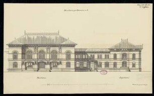 Kurhaus und Badeanlage, Hamm Monatskonkurrenz März 1882: Aufriss Straßenansicht des Haupthauses (Kur- und Logierhaus); Maßstabsleiste
