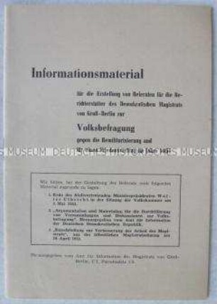 Presseinformationen des Berliner Magistrats zur Volksbefragung für Friedensvertrag, gegen Remilitarisierung der BRD