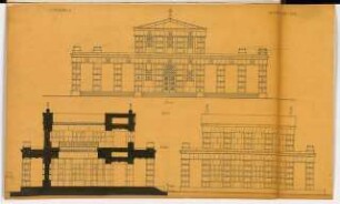 Urnenhalle Monatskonkurrenz Dezember 1913: Aufriss Vorderansicht, 2 Seitenansichten 1:100