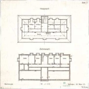 Fischer, Theodor; Schweinfurt (Bayern); Basaltwerke, Verwaltungs-Gebäude - Grundriss Keller, Grundriss DG