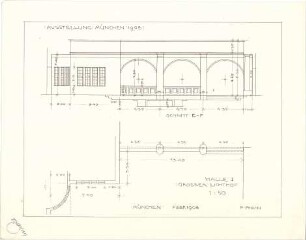 Pfann, Paul; München - Theresienhöhe; Ausstellung München 1908 - Halle I., Großer Lichthof (Teilgrundriss); Wand (Schnitt)