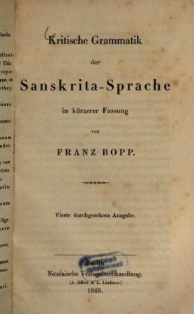 Kritische Grammatik der Sanskrita-Sprache in kürzerer Fassung